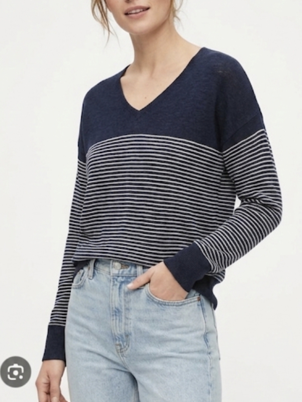 Banana Republic Navy and White Striped V-Neck Sweater